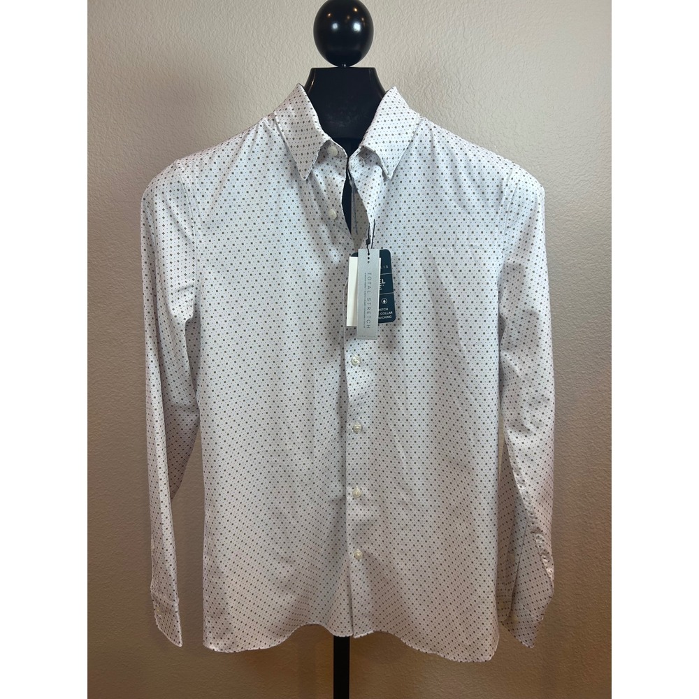 Perry Ellis Travel Luxe Mens Small Slim Fit Stretch Geometric Print Shirt White